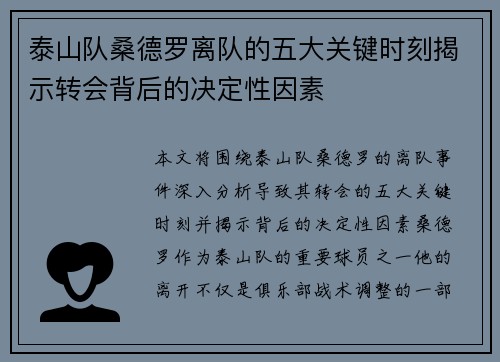 泰山队桑德罗离队的五大关键时刻揭示转会背后的决定性因素